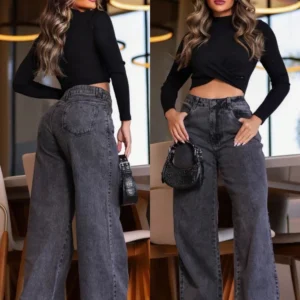 Calça Wide Leg Jeans Feminina Cintura Alta Pantalona CARGO