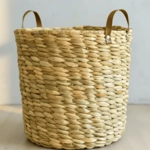 Cesto Para Mantas Seagrass Balaio Natural Com Alça De Couro Palha Natural